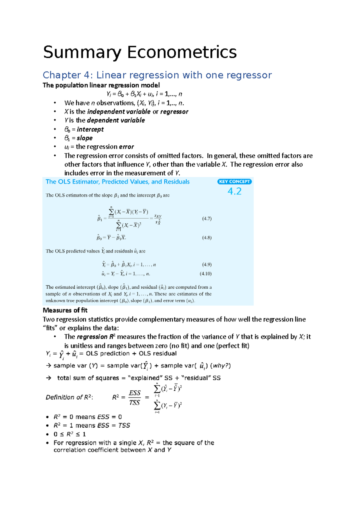 Summary of Econometrics: Chapter 4 & 5 - Regression Analysis Insights ...