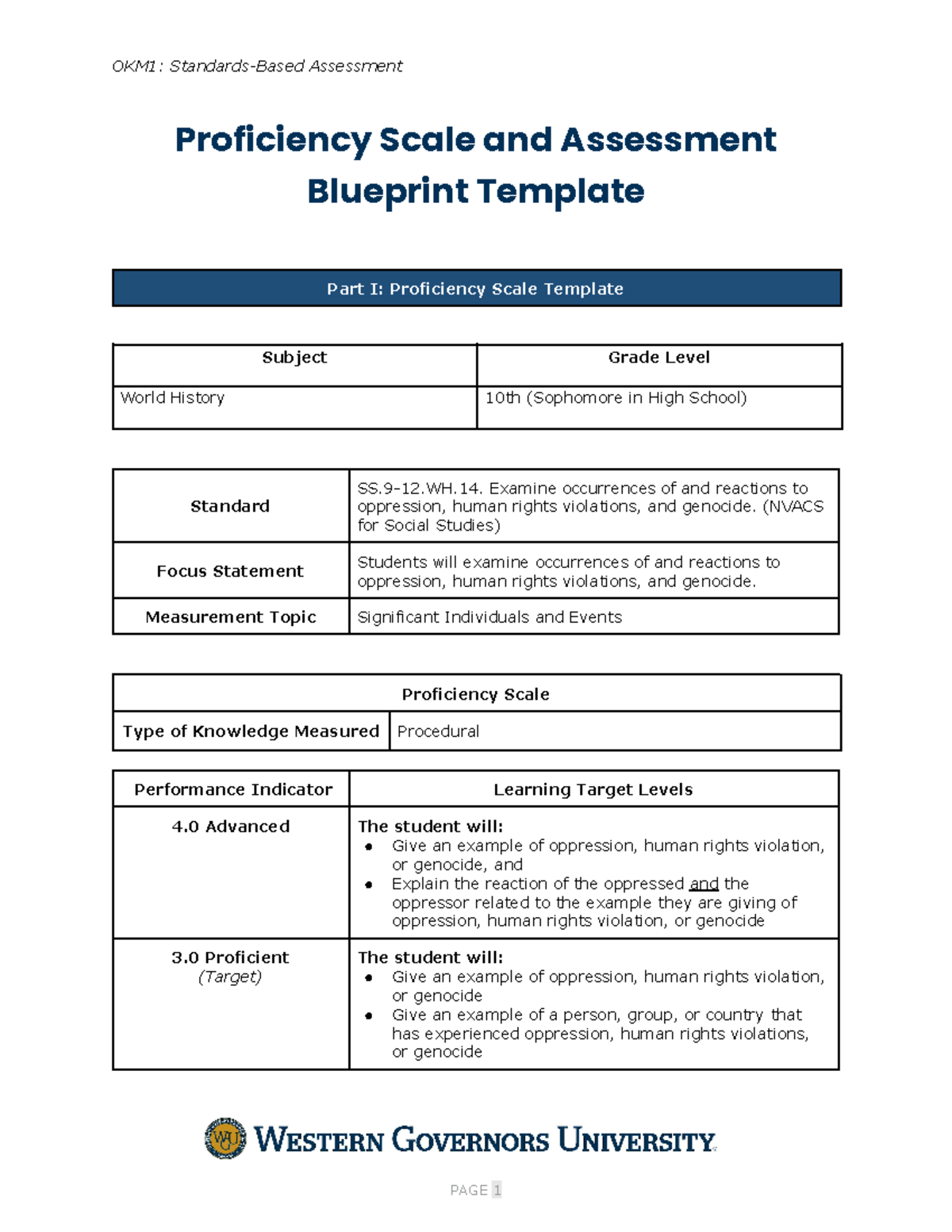 OKM1 Task 2: Proficiency Scale & Assessment Blueprint for World History ...
