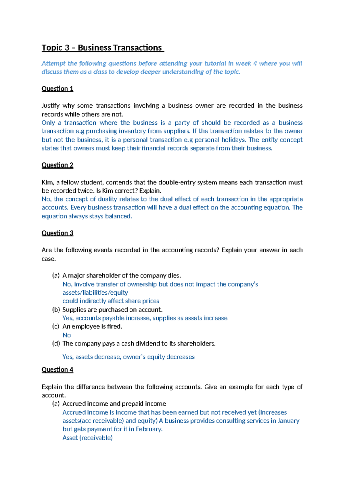 Topic 3 AF1001 Business Transactions Tutorial Questions for Week 4 ...