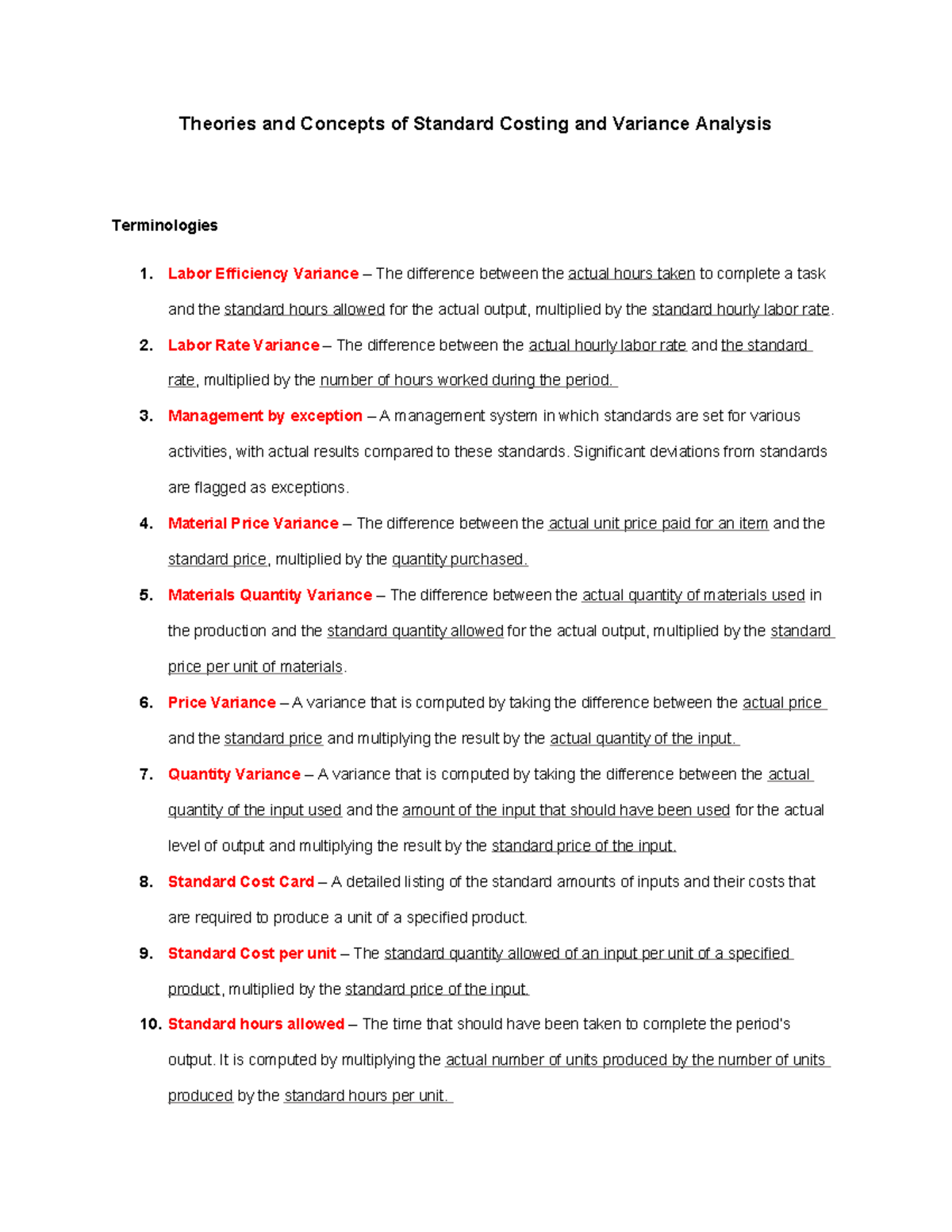 Standard Costing & Variance Analysis Concepts (ACCT 101) - Studocu