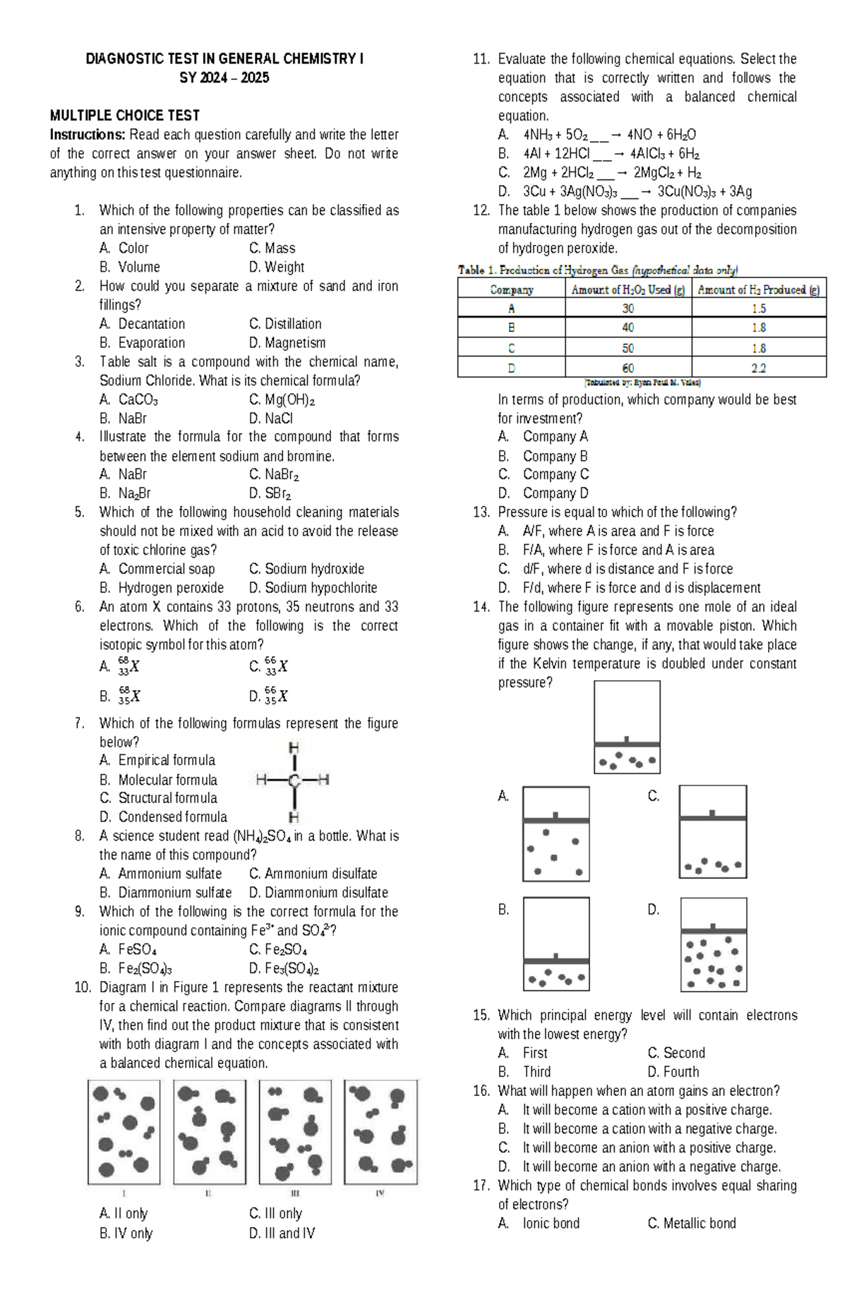 Diagnostic Test in General Chemistry I SY 2024-2025: MCQ Format - Studocu