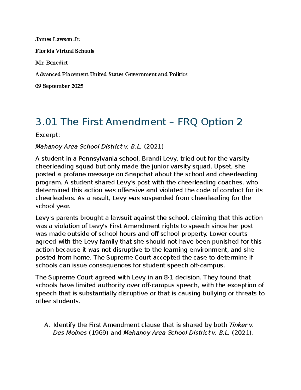 AP US Gov & Pol: 3.01 The First Amendment – FRQ Option 2 Analysis - Studocu