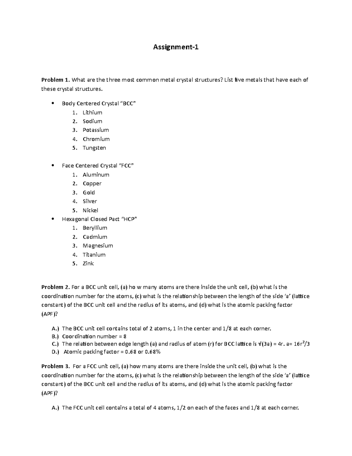 Assignment-1: Understanding Crystal Structures in Materials - Studocu