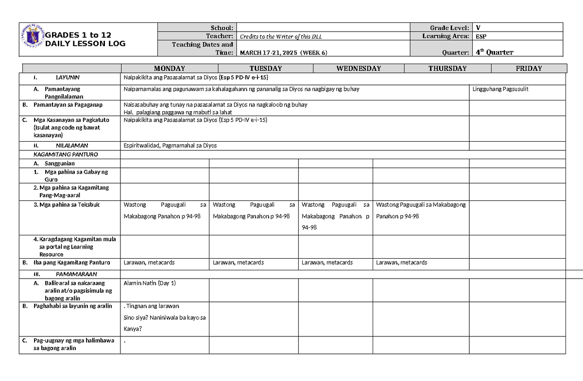 Grade 5 DLL ESP 5 Q4 Week 6 - GRADES 1 to 12 DAILY LESSON LOG School ...