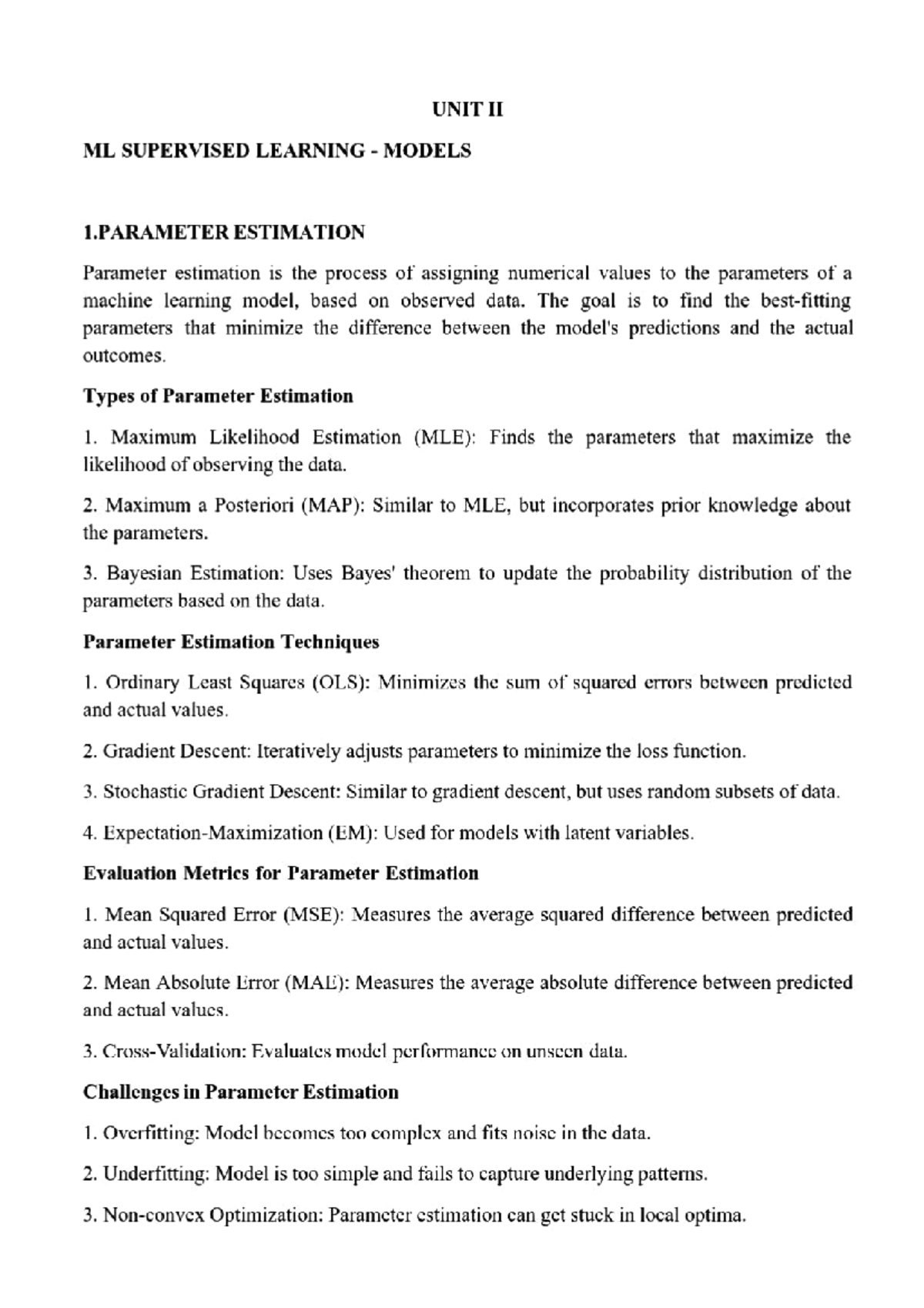 ML-Unit 2 - Supervised Learning Models & Parameter Estimation Notes ...