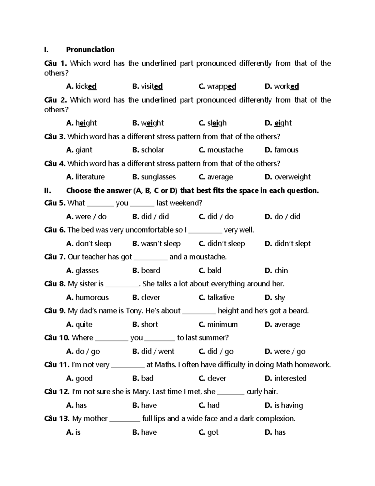 Test 7.1 - Pronunciation and Grammar Practice Questions - Studocu