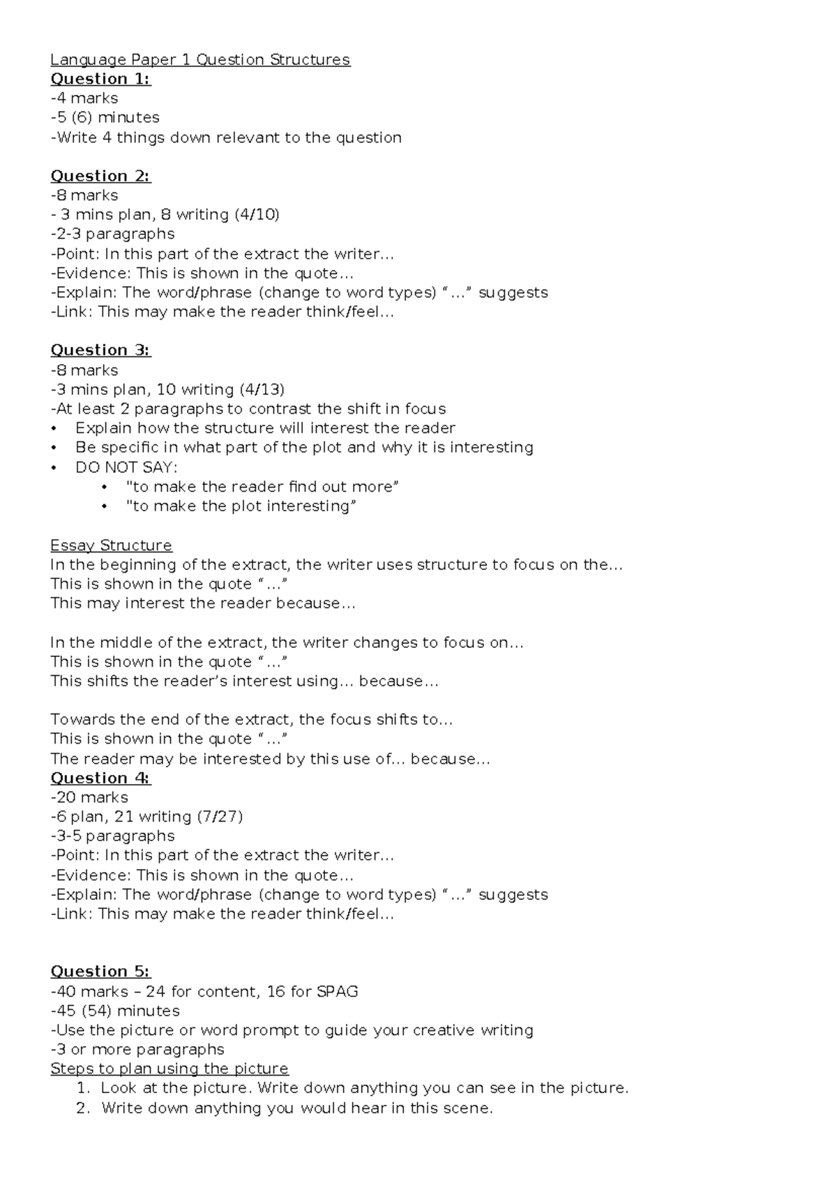 Language Paper 1: Question Structures Guide and Tips - Studocu