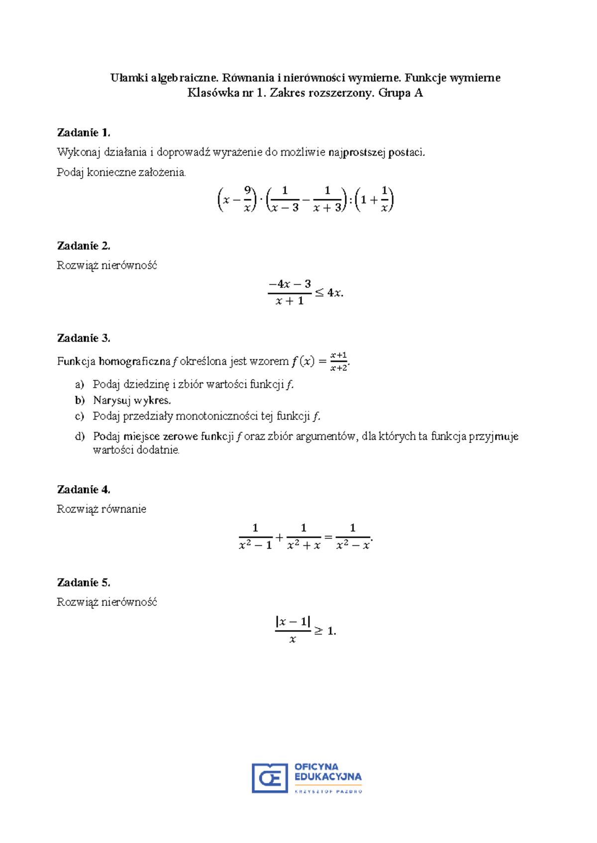Równania I Nierówności Sprawdzian 1 Liceum Gwo