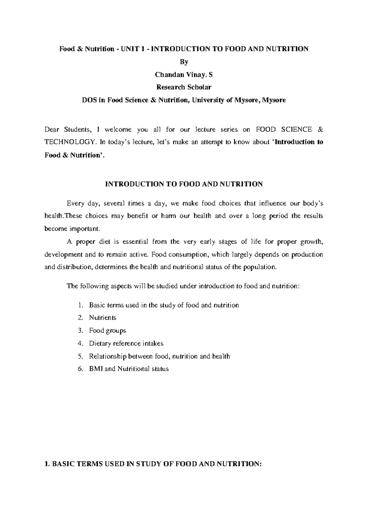 Introduction to Food and Nutrition - UNIT 1 - FS&N 2003 Lecture Notes ...