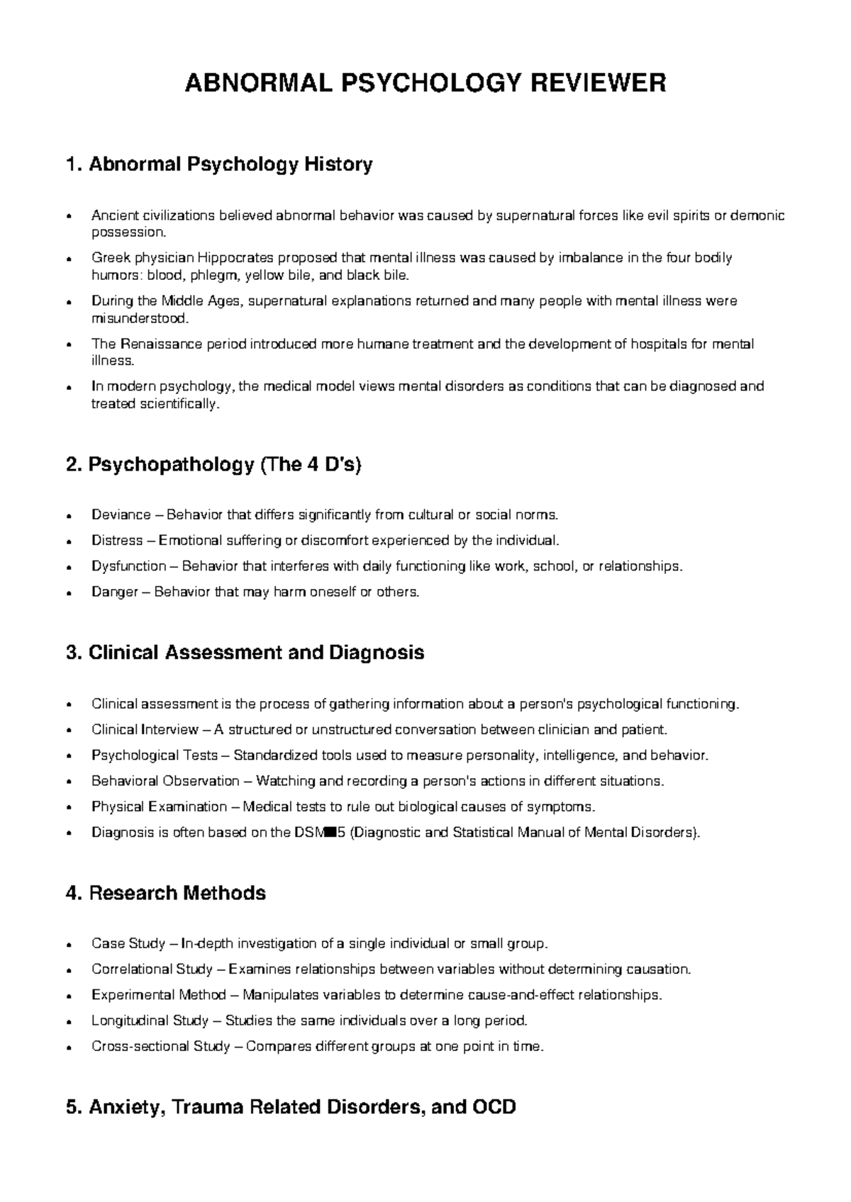 ABNORMAL PSYCHOLOGY REVIEWER: HISTORY & KEY CONCEPTS - Studocu