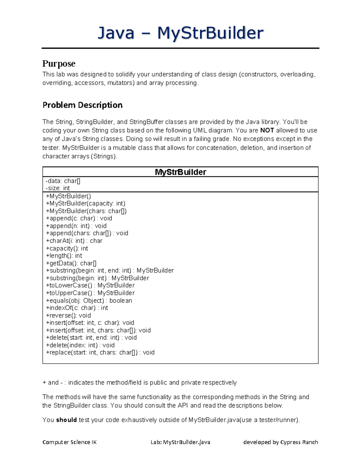 My Str Builder - its useful - Java – MyStrBuilder Purpose This lab was ...