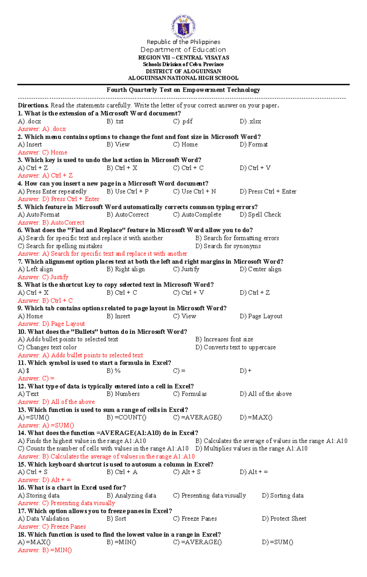 4th Quarter Test on Empowerment Technology 2025 with Answers - Studocu