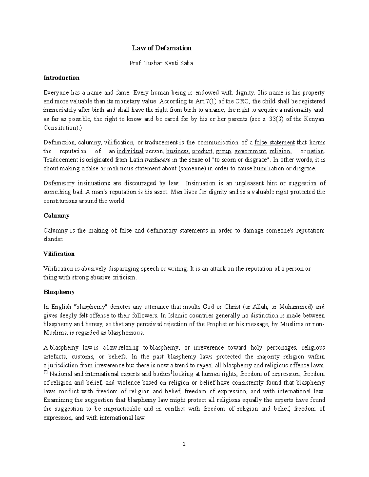 Final Exam Notes: Law of Defamation (Course Code: LAW101) - Studocu