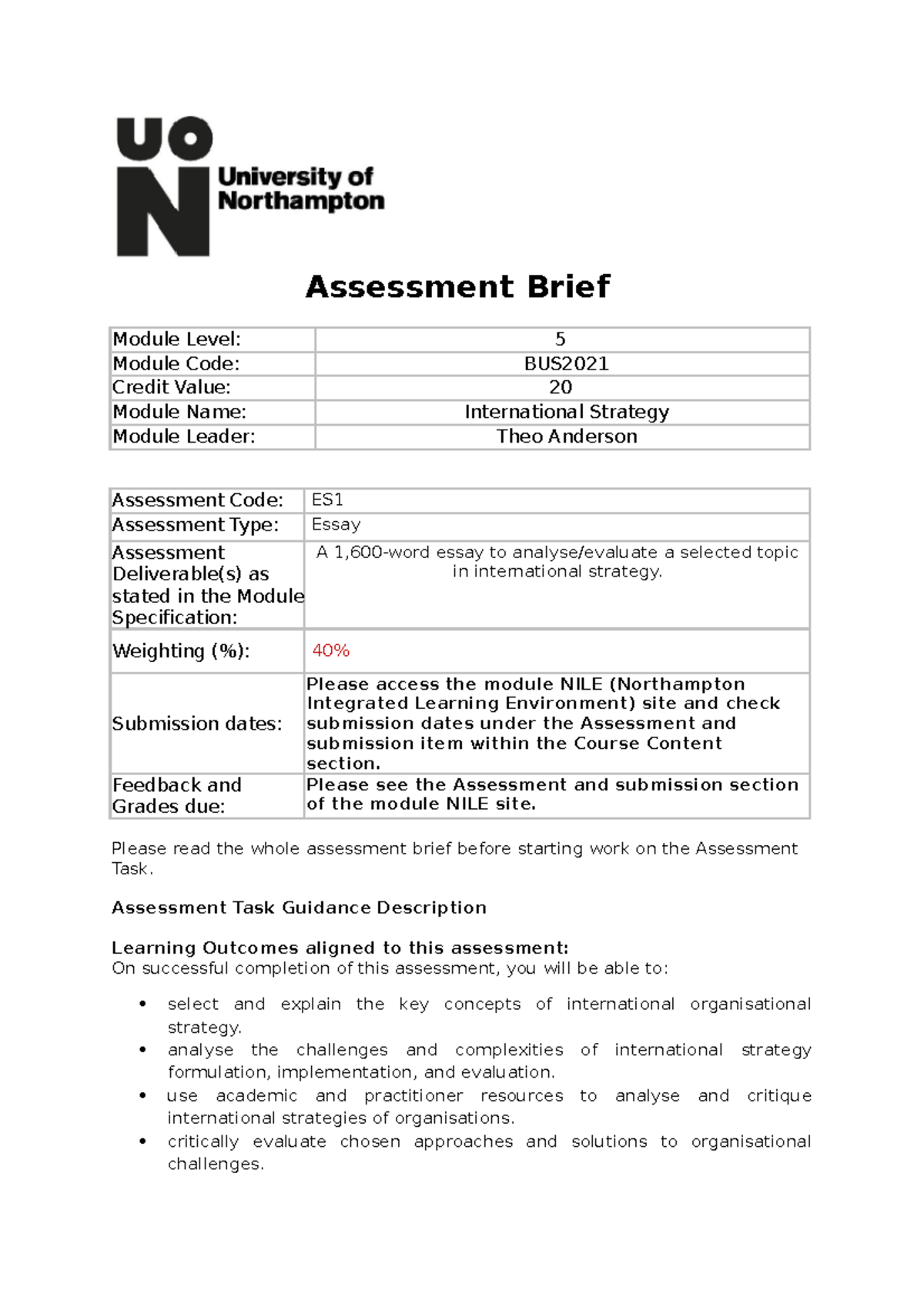 BUS2021 -STD-2324 - Assessment Brief - final - Assessment Brief Module ...