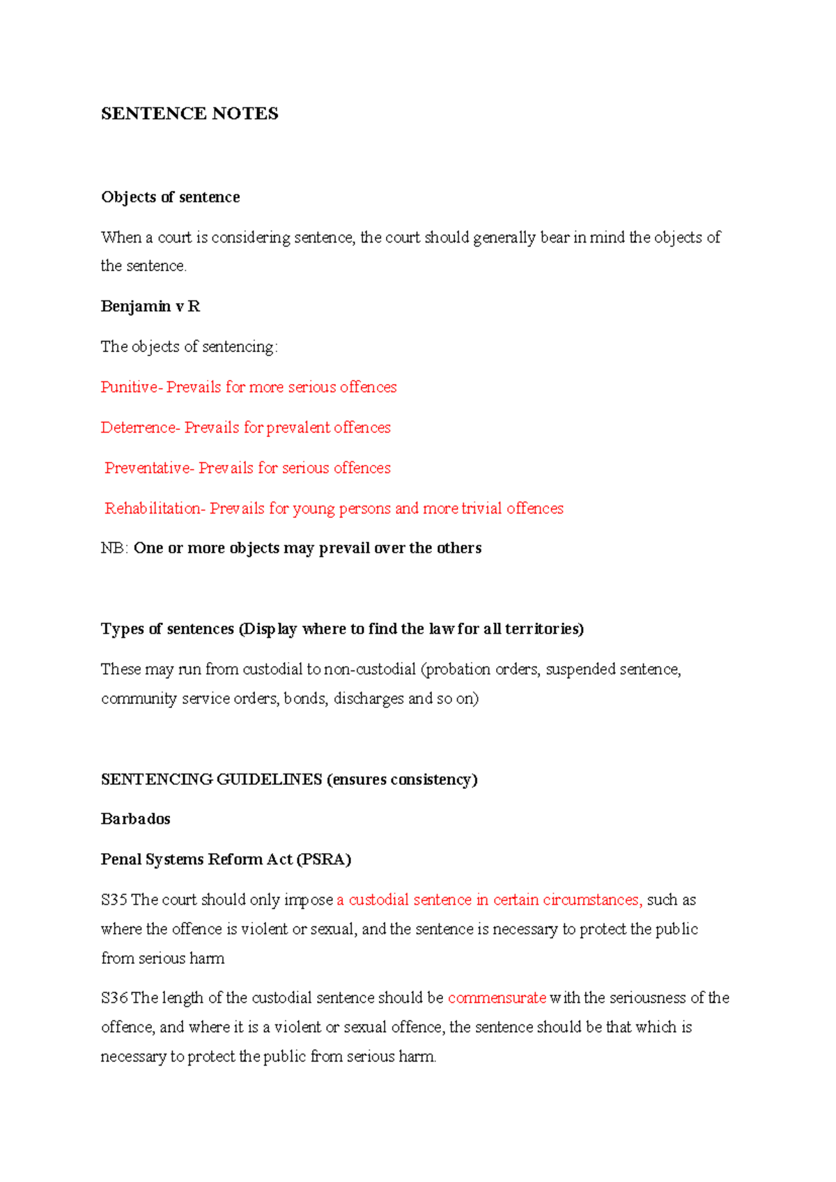 SENTENCING GUIDELINES & OBJECTS OF SENTENCE: Key Insights - Studocu