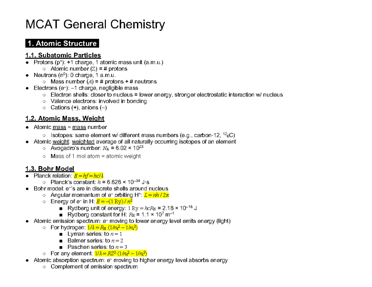 MCAT Gen Chem - MCAT Gen Chem - MCAT General Chemistry 1. Atomic ...
