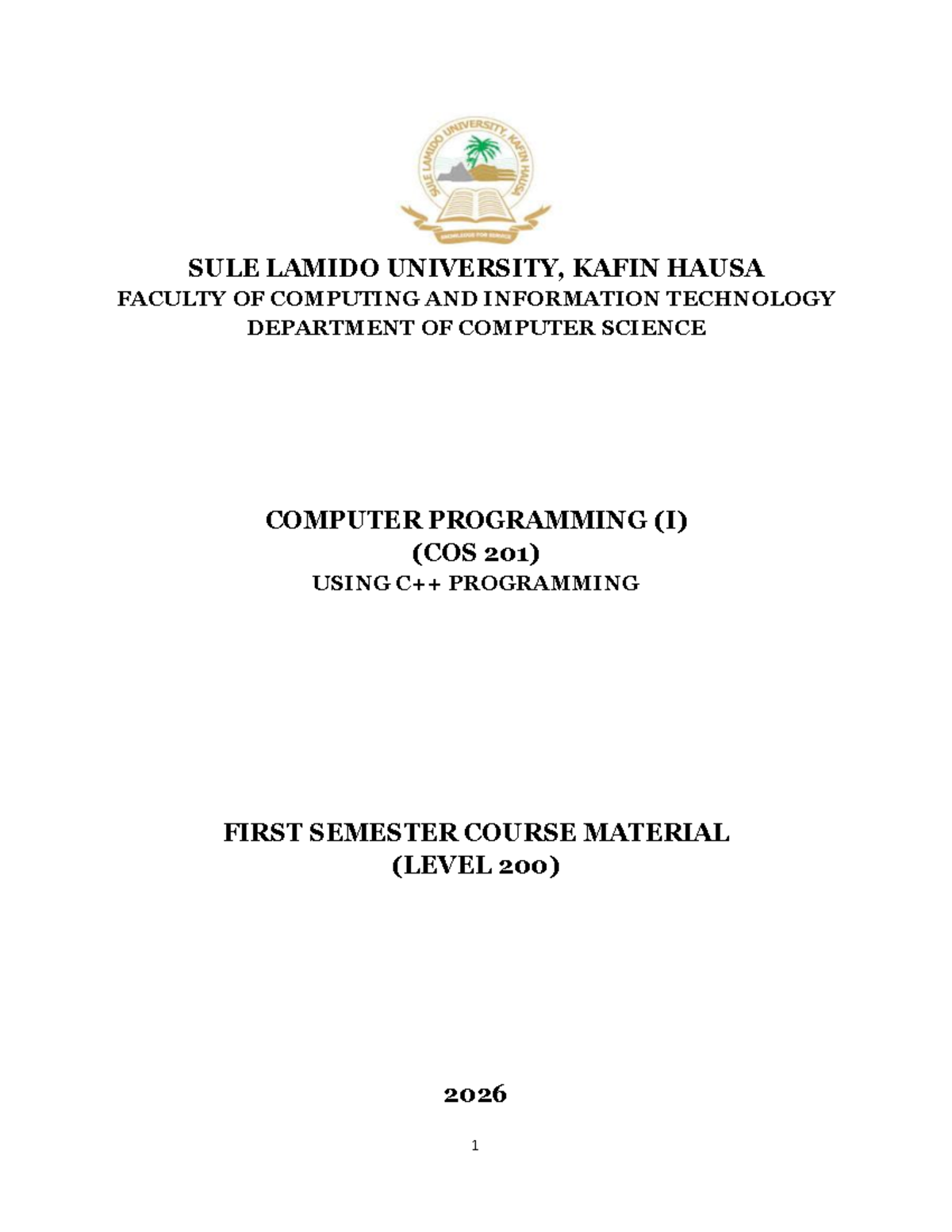 C++ Programming (COS 201) First Semester Course Material 2026 - Studocu