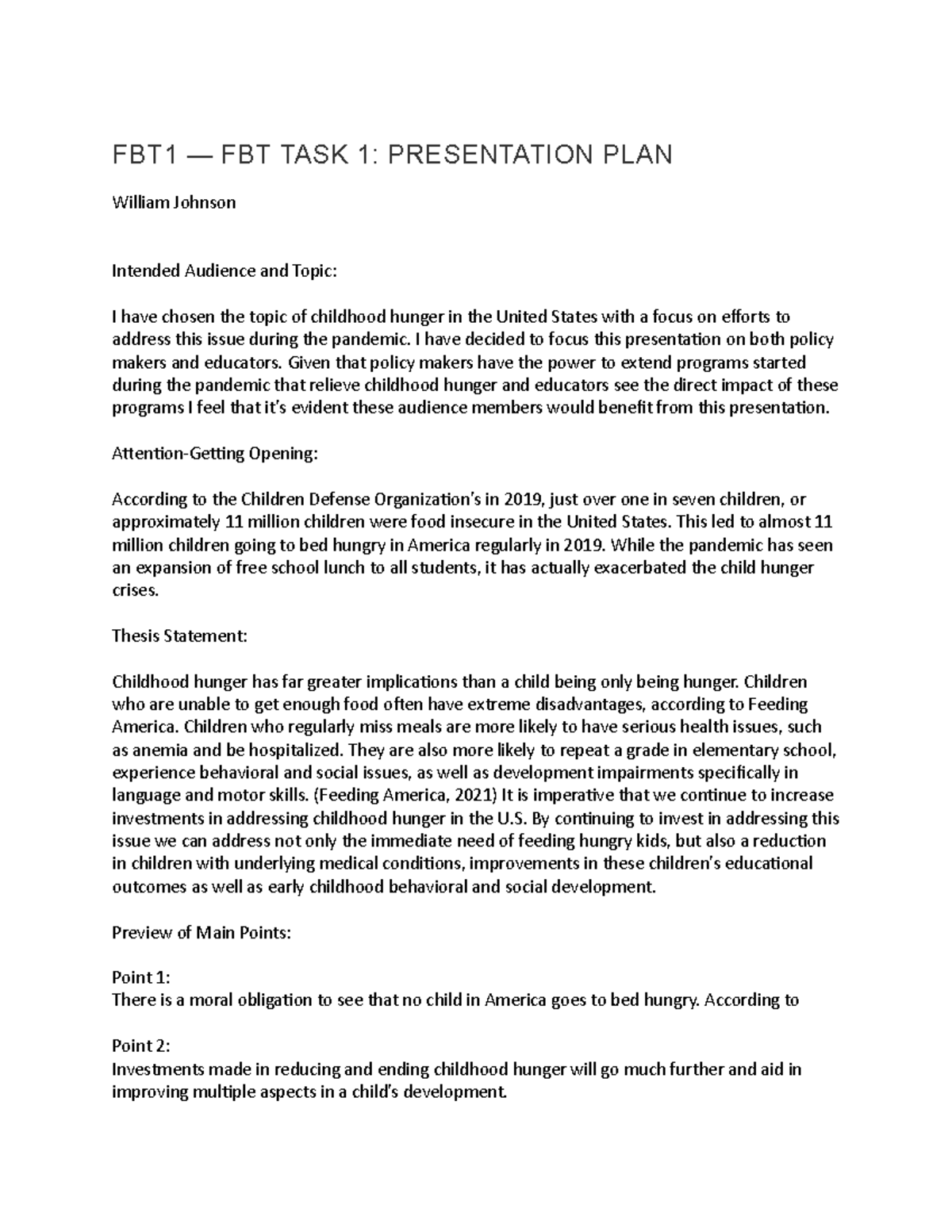 FBT1 - FBT TASK 1 - Presentation Plan on Childhood Hunger Issues - Studocu