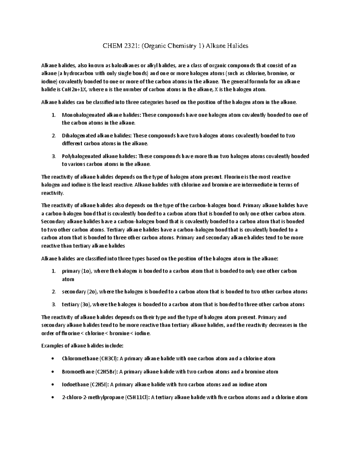 CHEM 2321: Final Exam Notes on Alkane Halides in Organic Chemistry ...
