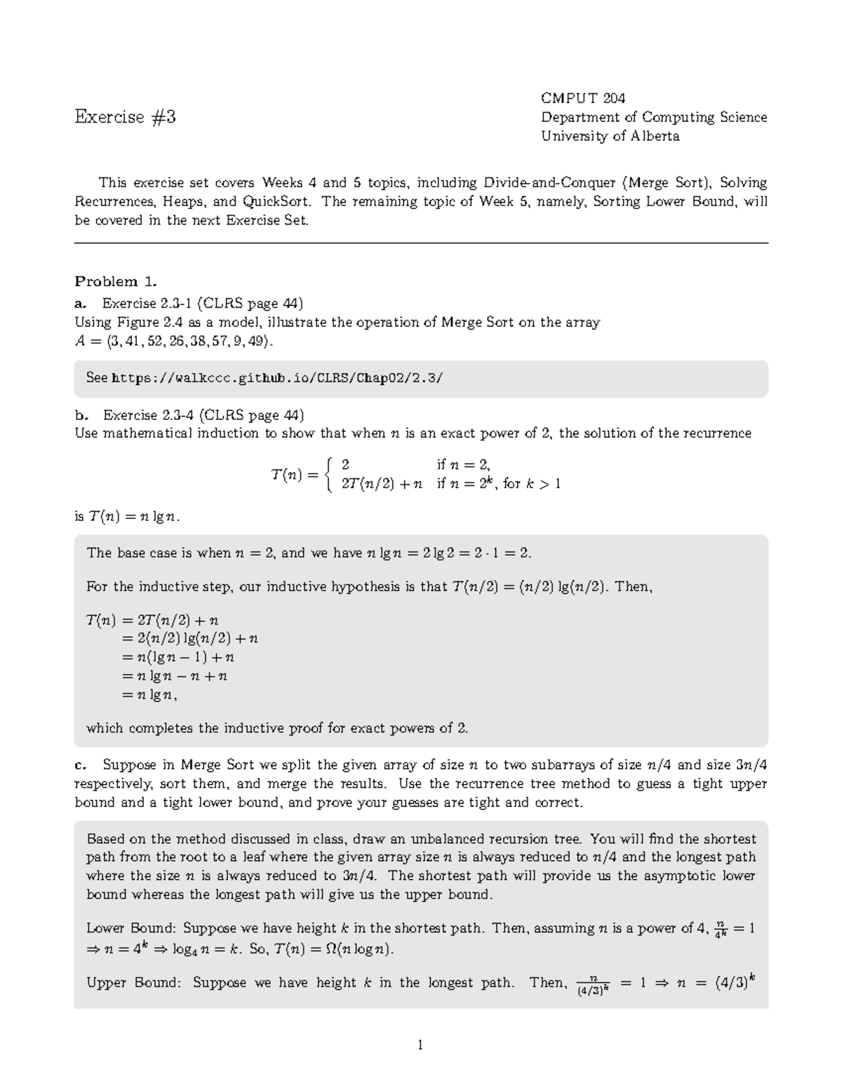 CMPUT 204 Exercise Set: Merge Sort, Recurrences, and Heaps - Studocu