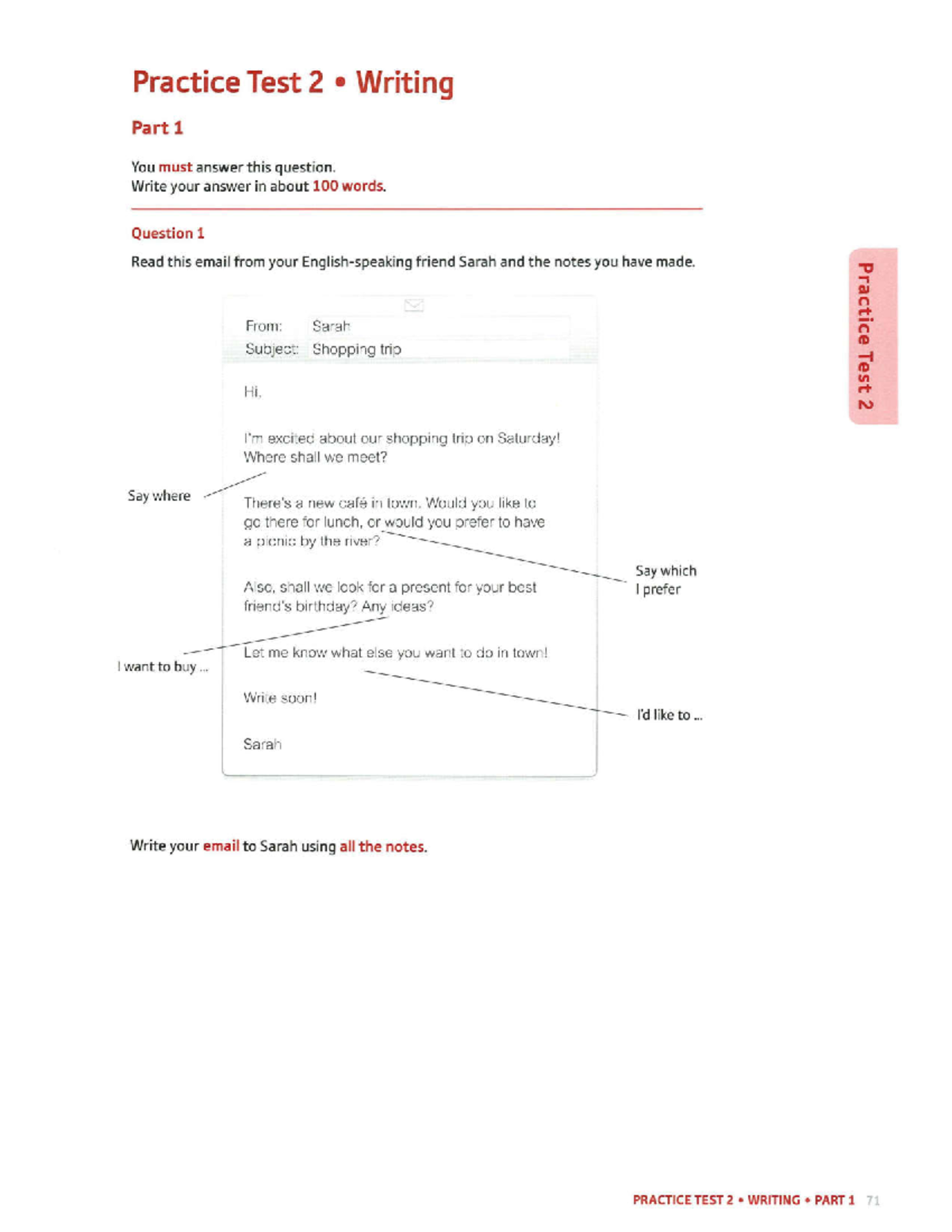 Practice Test 2: Writing Part 1 - Email Response to Sarah (PET) - Studocu