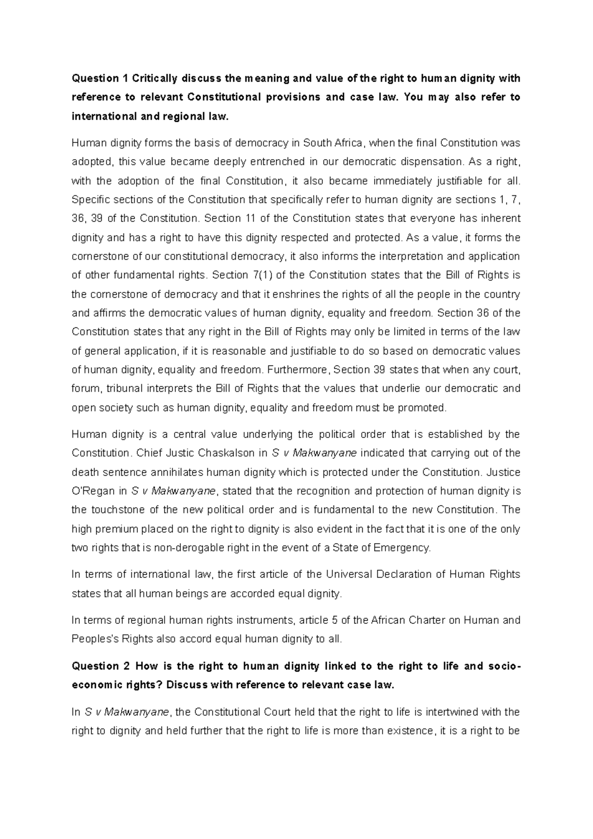 Task 3 - The Right to Human Dignity: Constitutional and Case Law ...