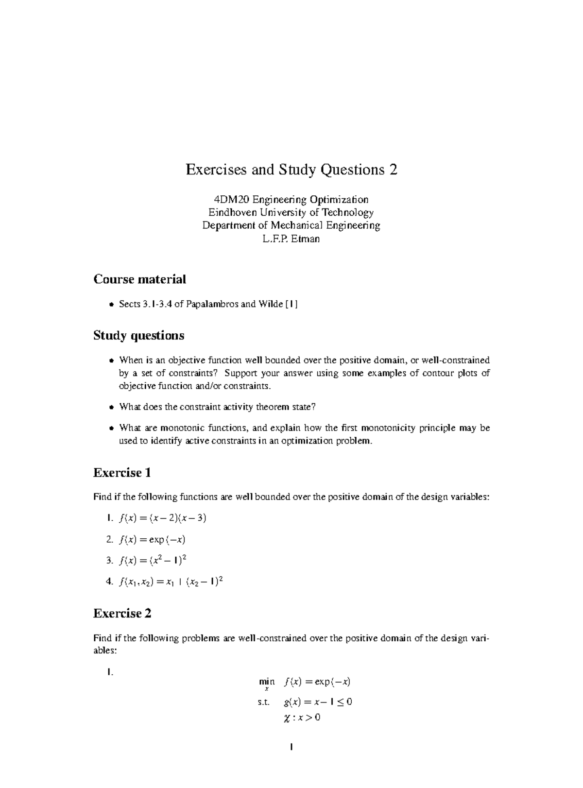 Exercises and Study Questions 2 - 4DM20 Engineering Optimization ...