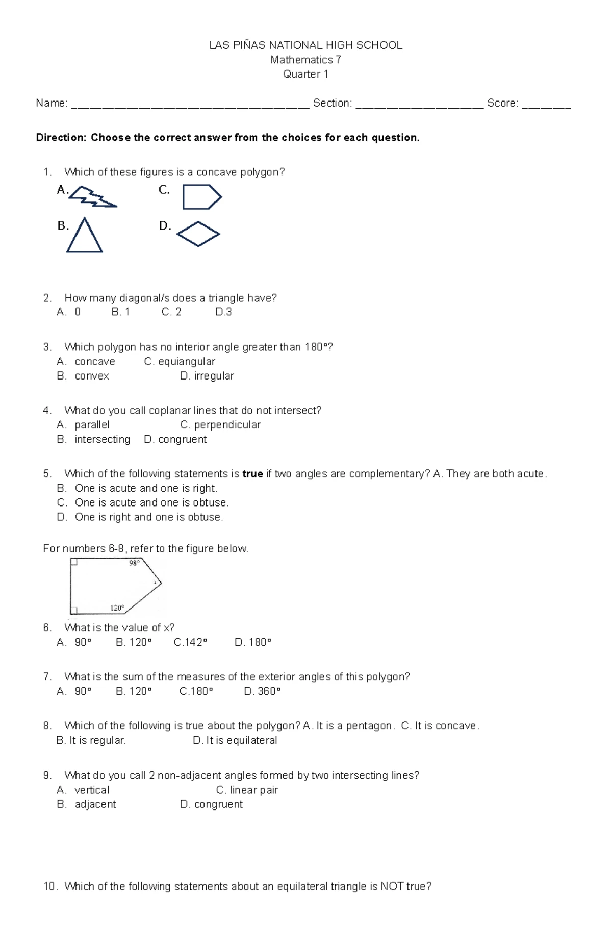 MAT 7 Chapter 1 Quiz - Understanding Polygons and Angles - Studocu