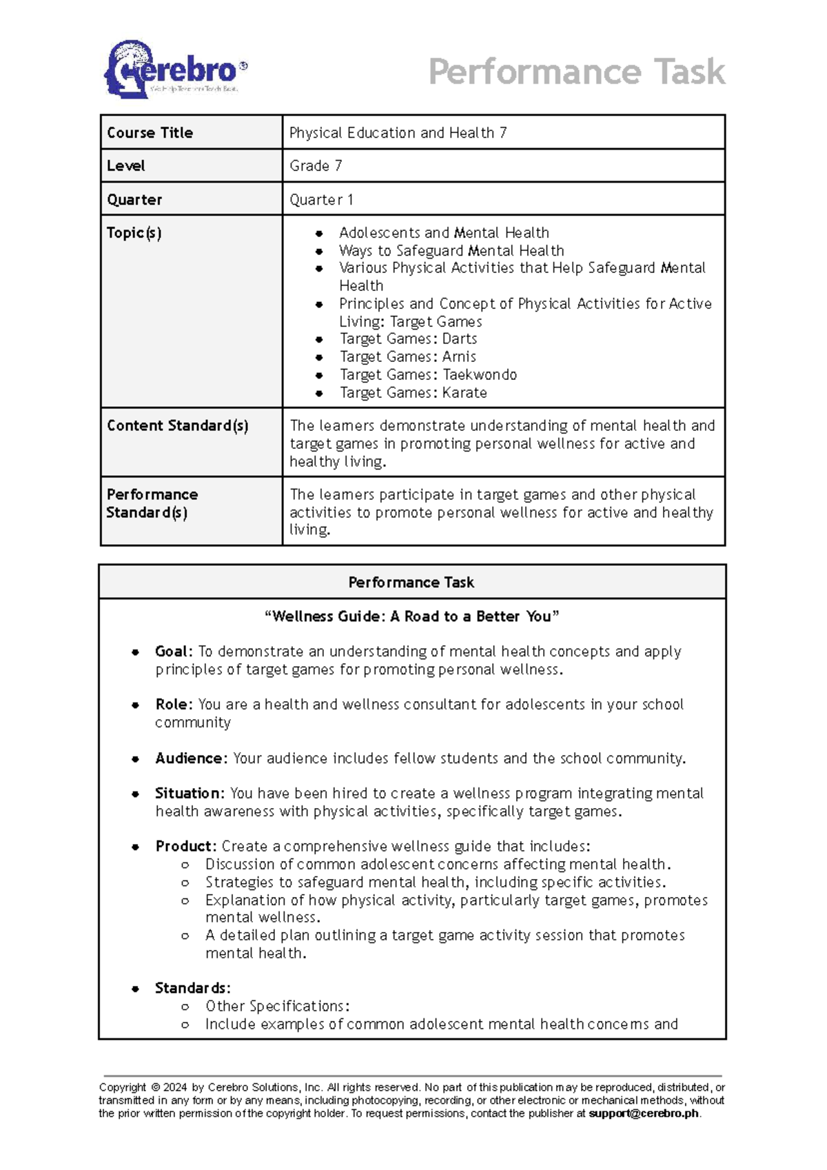 Physical Education and Health 7: Performance Task on Mental Wellness ...