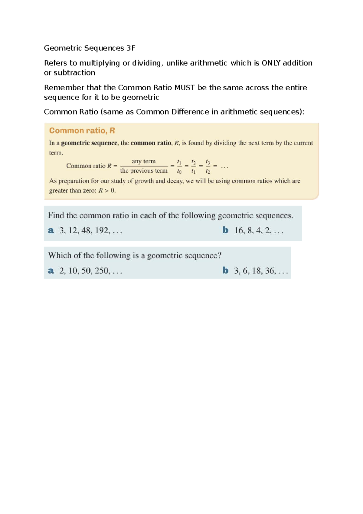 Geometric Sequences 3F-3I: Understanding Common Ratios and Recursion ...