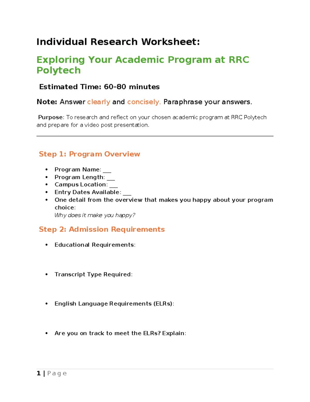RRC Polytech Individual Research Worksheet: My Program Choice - Studocu