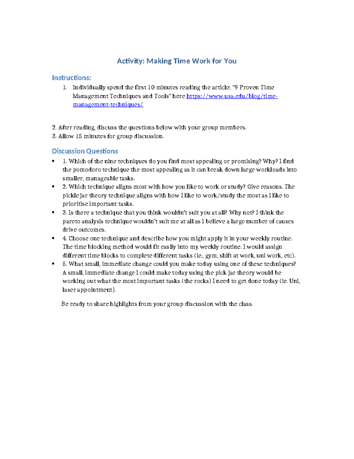 W5 - Time Management Techniques Worksheet - Studocu