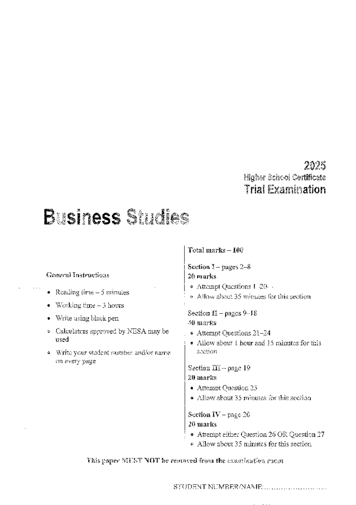 2025 HSC Trial Exam Business Studies - Total Marks & Instructions - Studocu