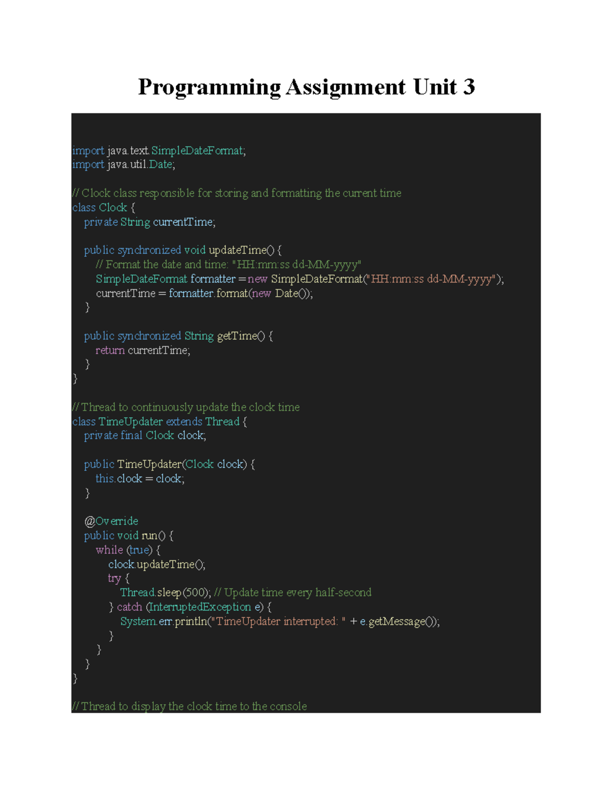 Programming Assignment Unit 3: Clock Class Implementation and Threads ...