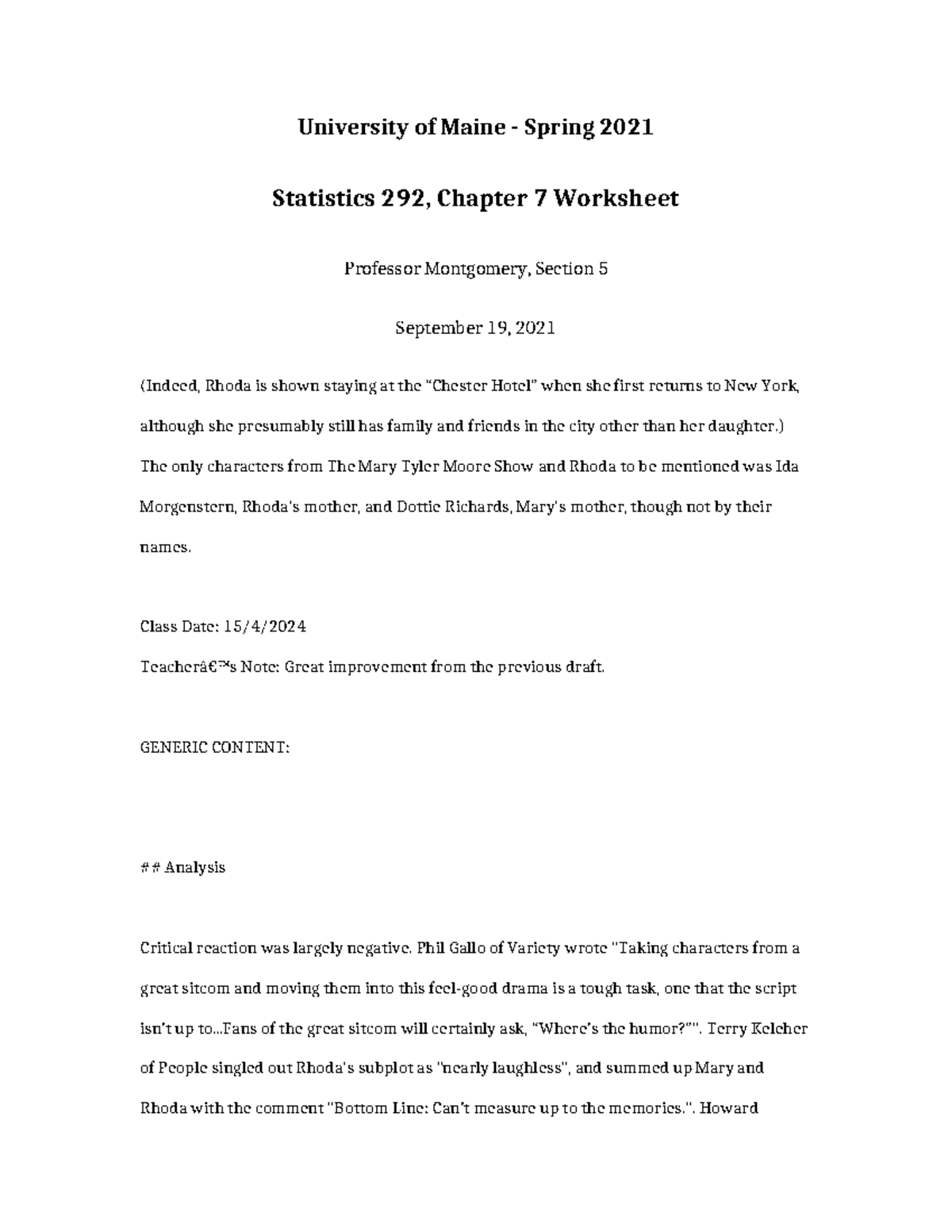 Statistics 292 Chapter 7 Worksheet Analysis and Feedback - Studocu