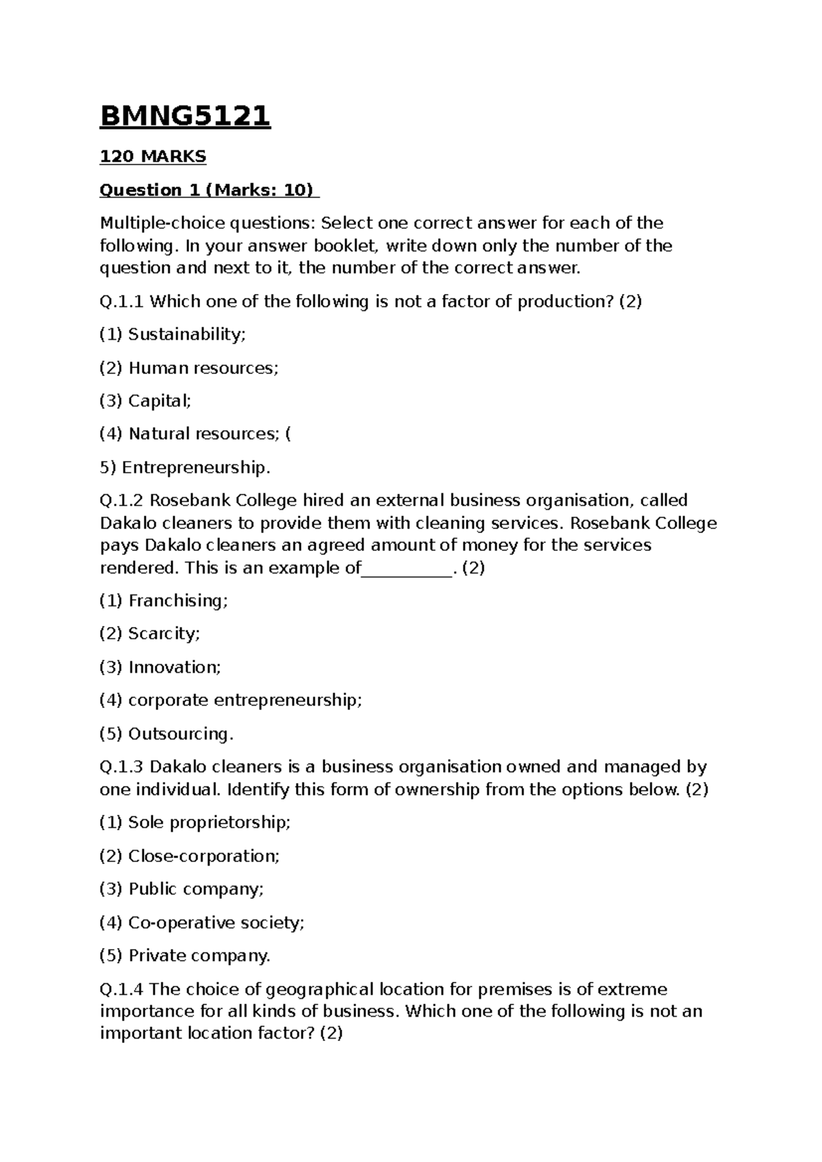 BMNG5121 MOCK EXAM 1 - Practice Questions and Answers - Studocu