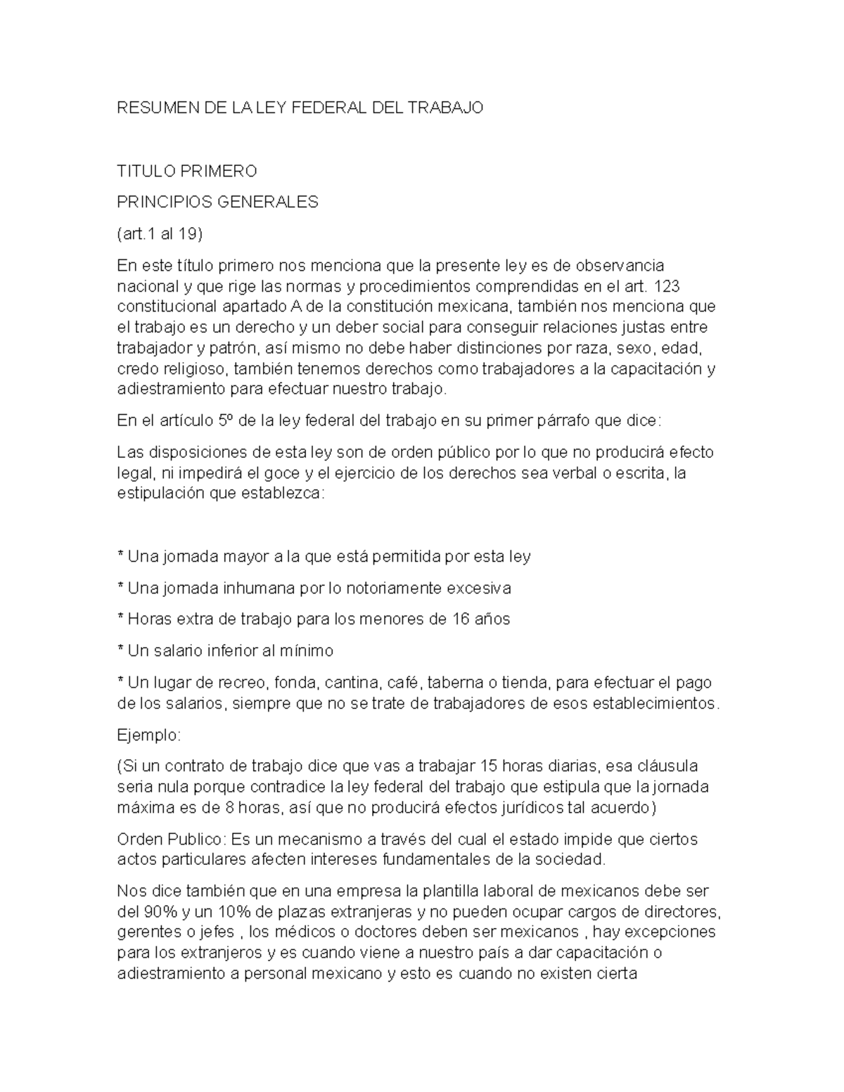 Resumen de la Ley Federal del Trabajo (Art. 1-19) - Doc 1-19 - Studocu