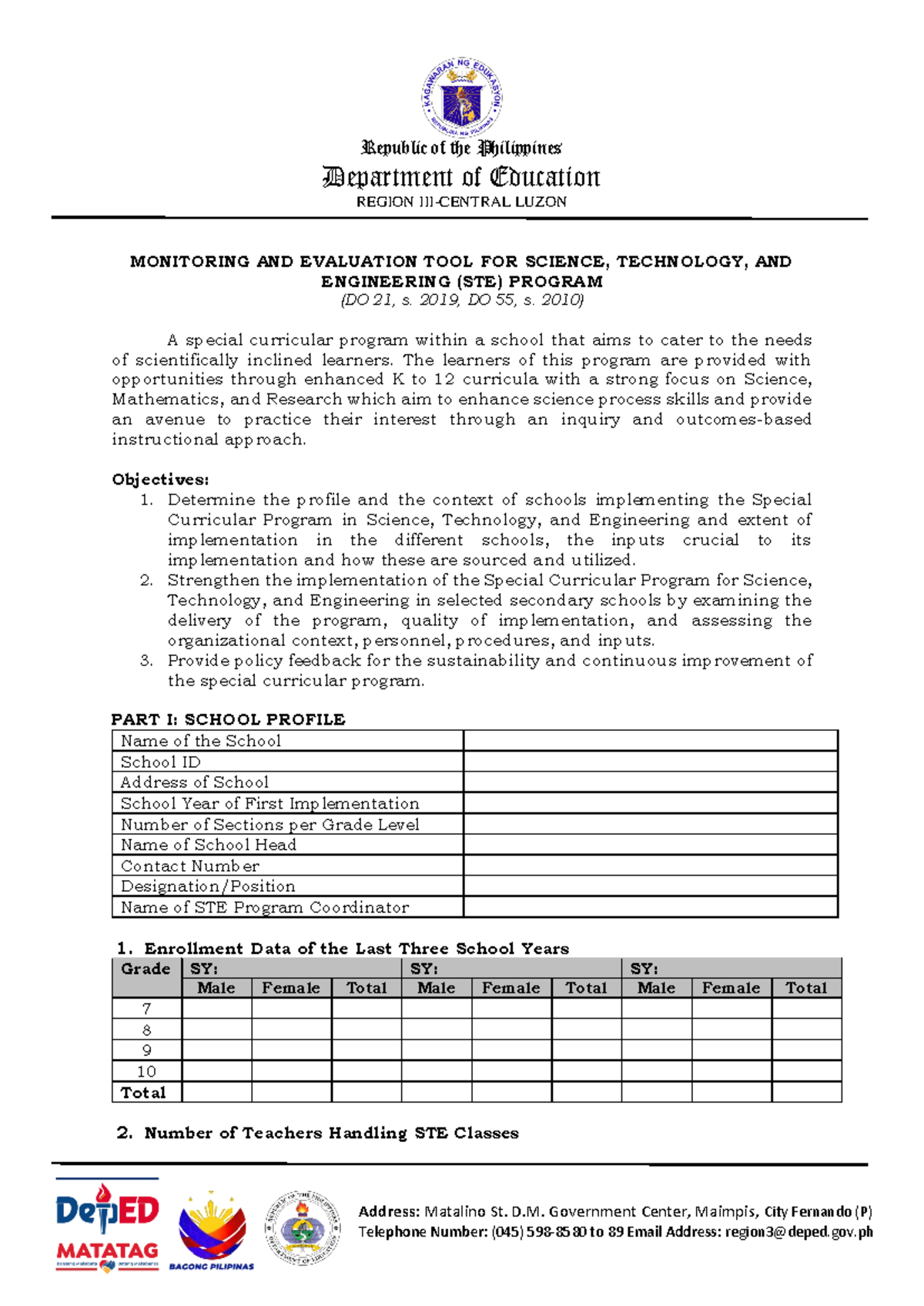 Final Version STE ME TOOL 1 - Department of Education REGION III ...