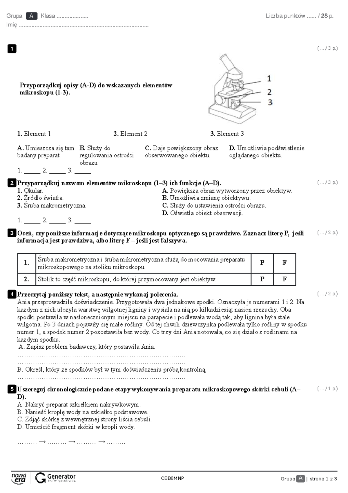 Test I. Biologia- nauka o życiu Test (z widoczną punktacją) - CBB8MNP
