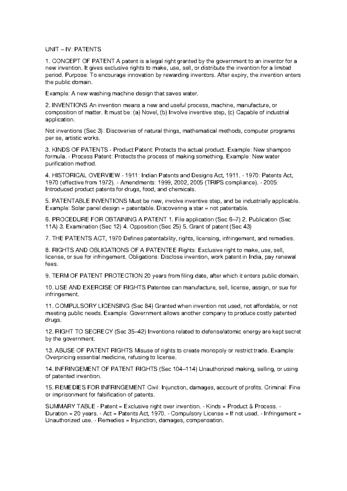 Unit IV: Patents Notes - Key Concepts and Legal Framework - Studocu
