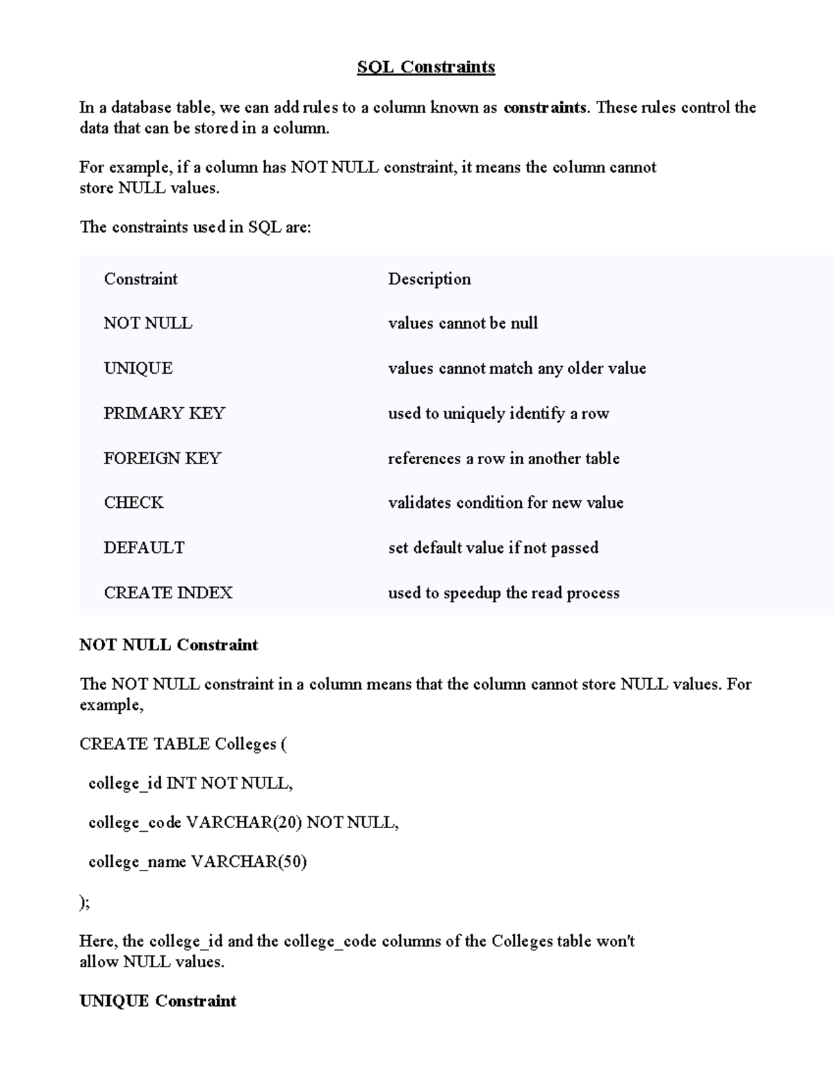 UNIT 1 P2 - notes for 2nd year sql - SQL Constraints In a database ...