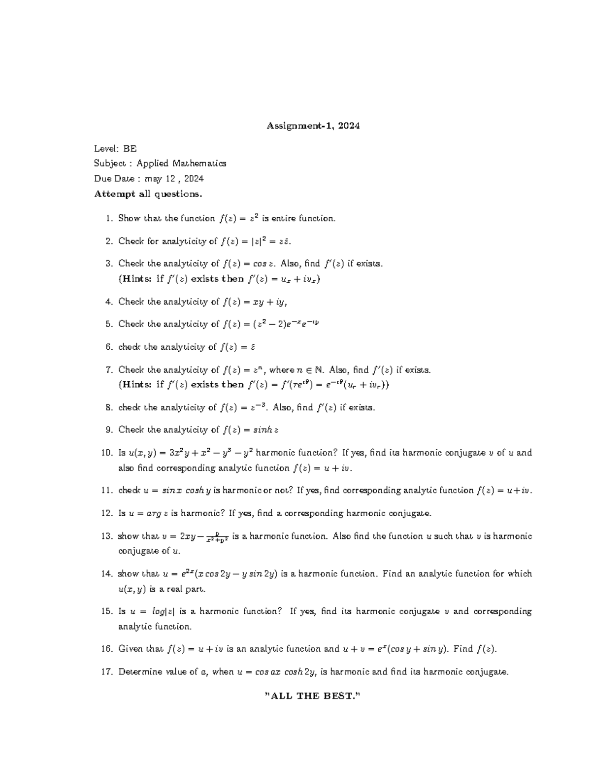 Applied Maths BE Assignment 1: Analytic Functions & Harmonicity - Studocu