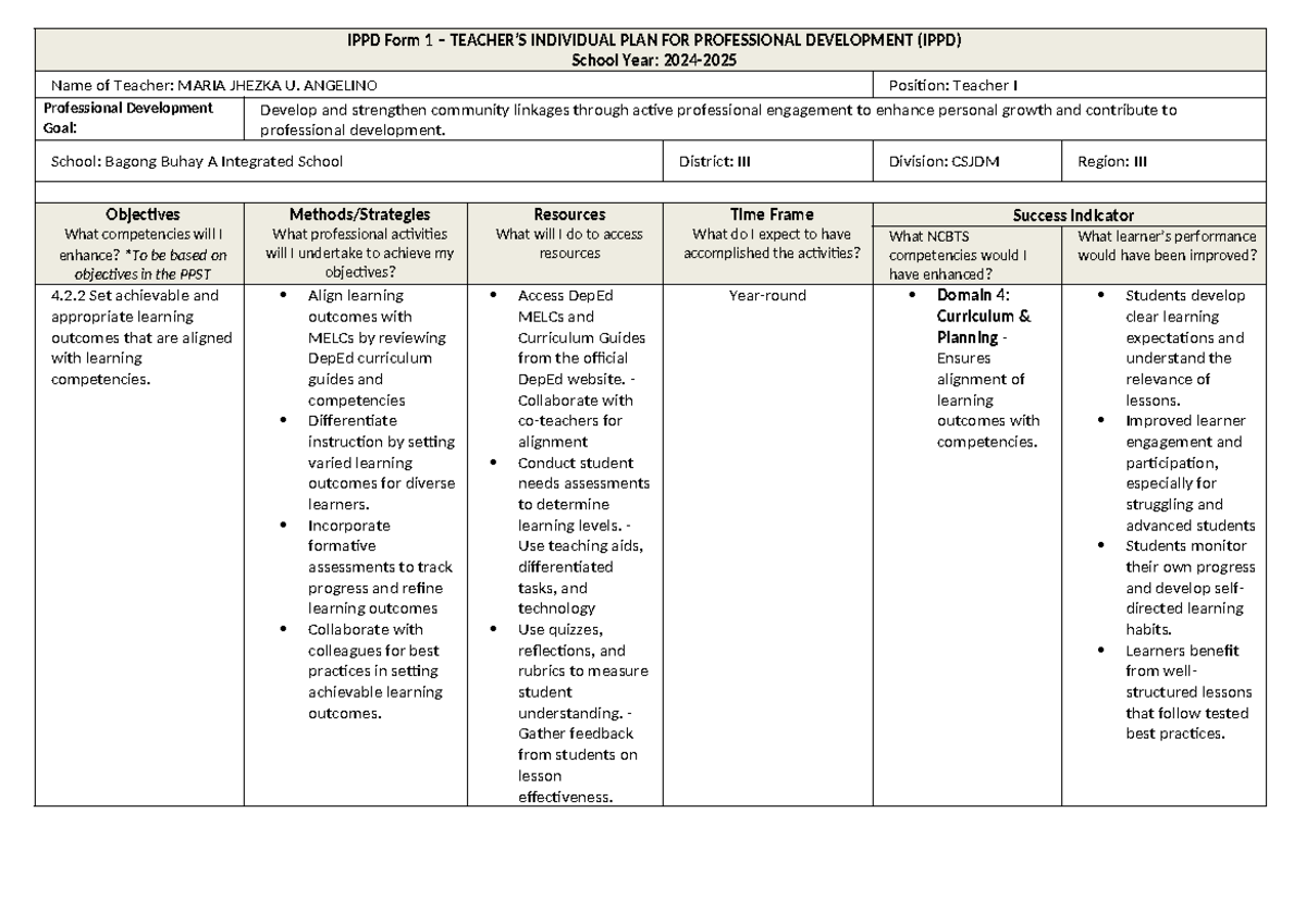 IPPD Form maria jhezka angelino - IPPD Form 1 – TEACHER’S INDIVIDUAL ...