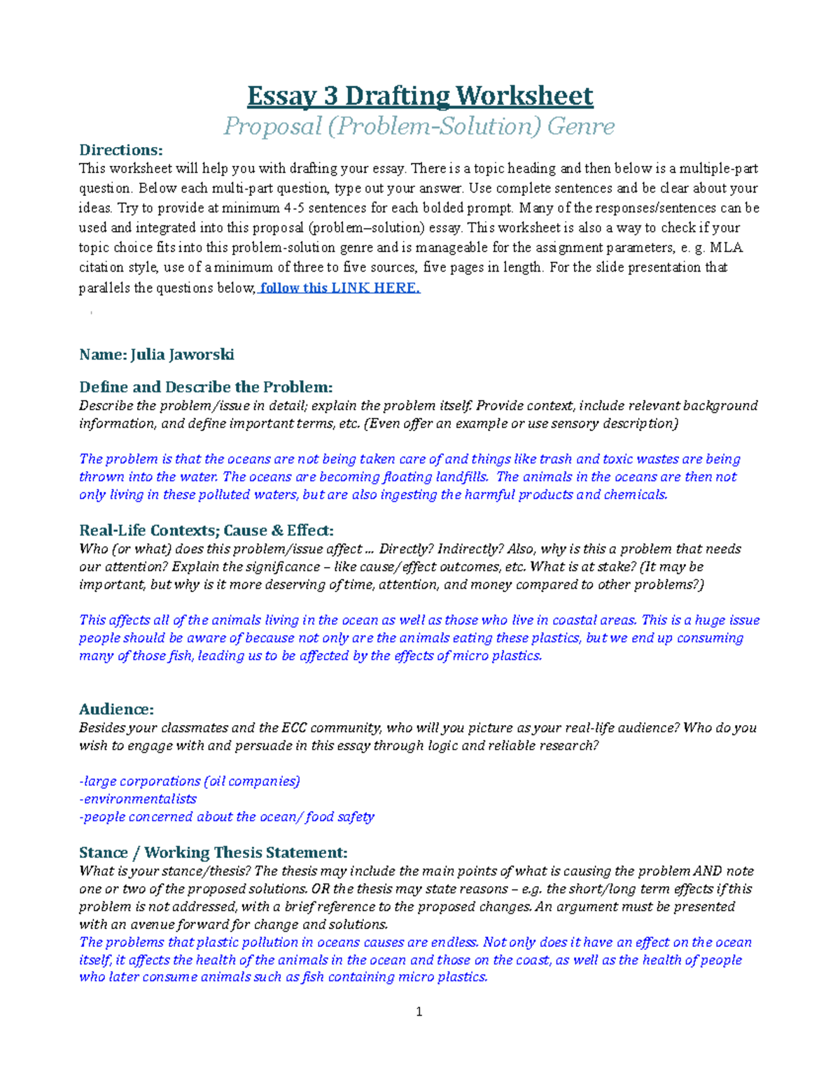 ENG 102 Proposal Essay Drafting Worksheet: Problem-Solution Guide - Studocu