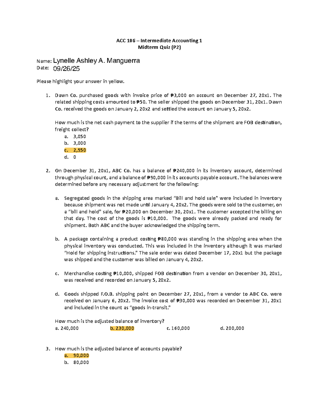 ACC 106 Intermediate Accounting 1 Midterm Quiz (P2) - Lynelle Manguerra ...