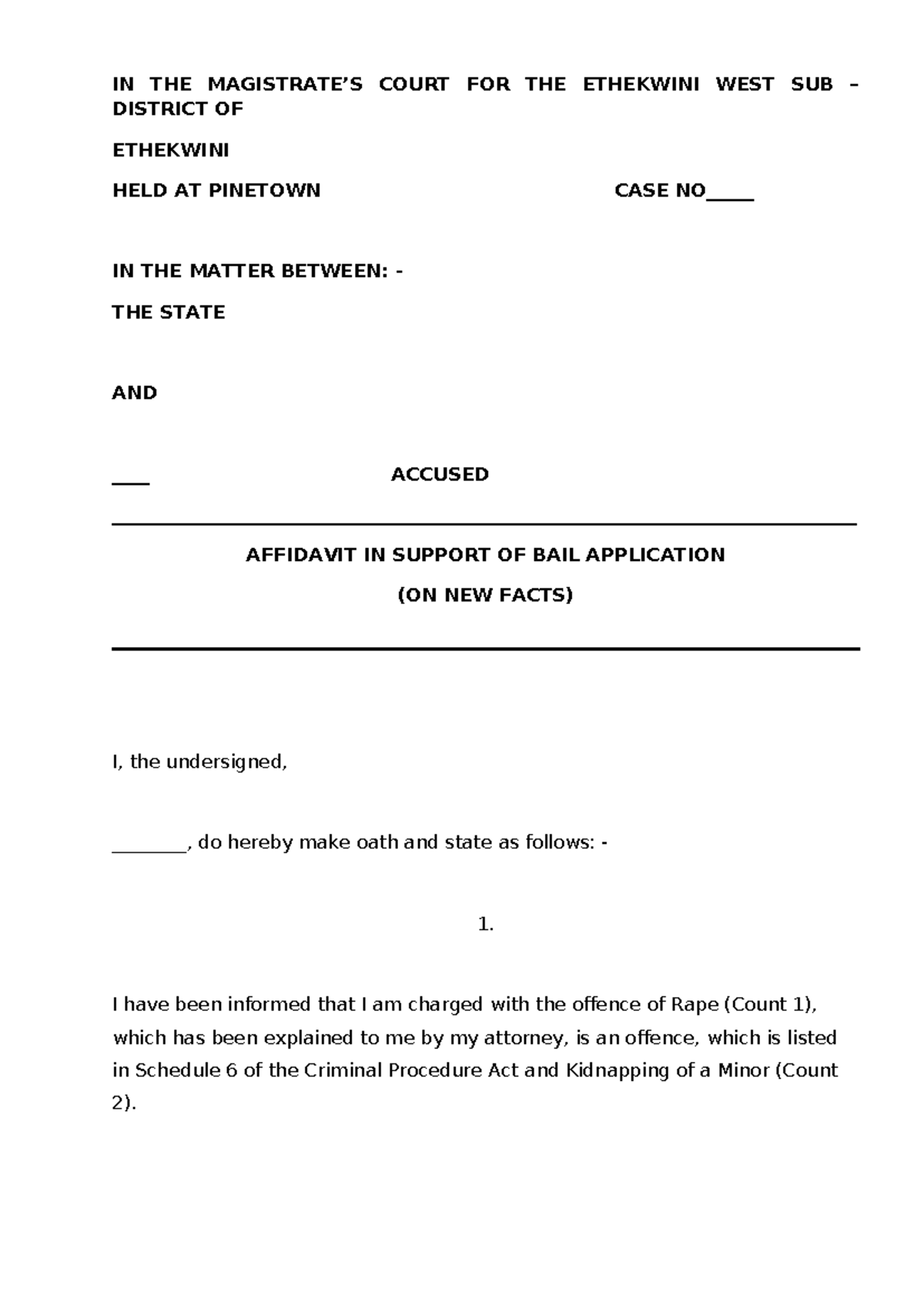 Bail Application Affidavit: New Facts in Case No. 2024/ETHEKWINI - Studocu