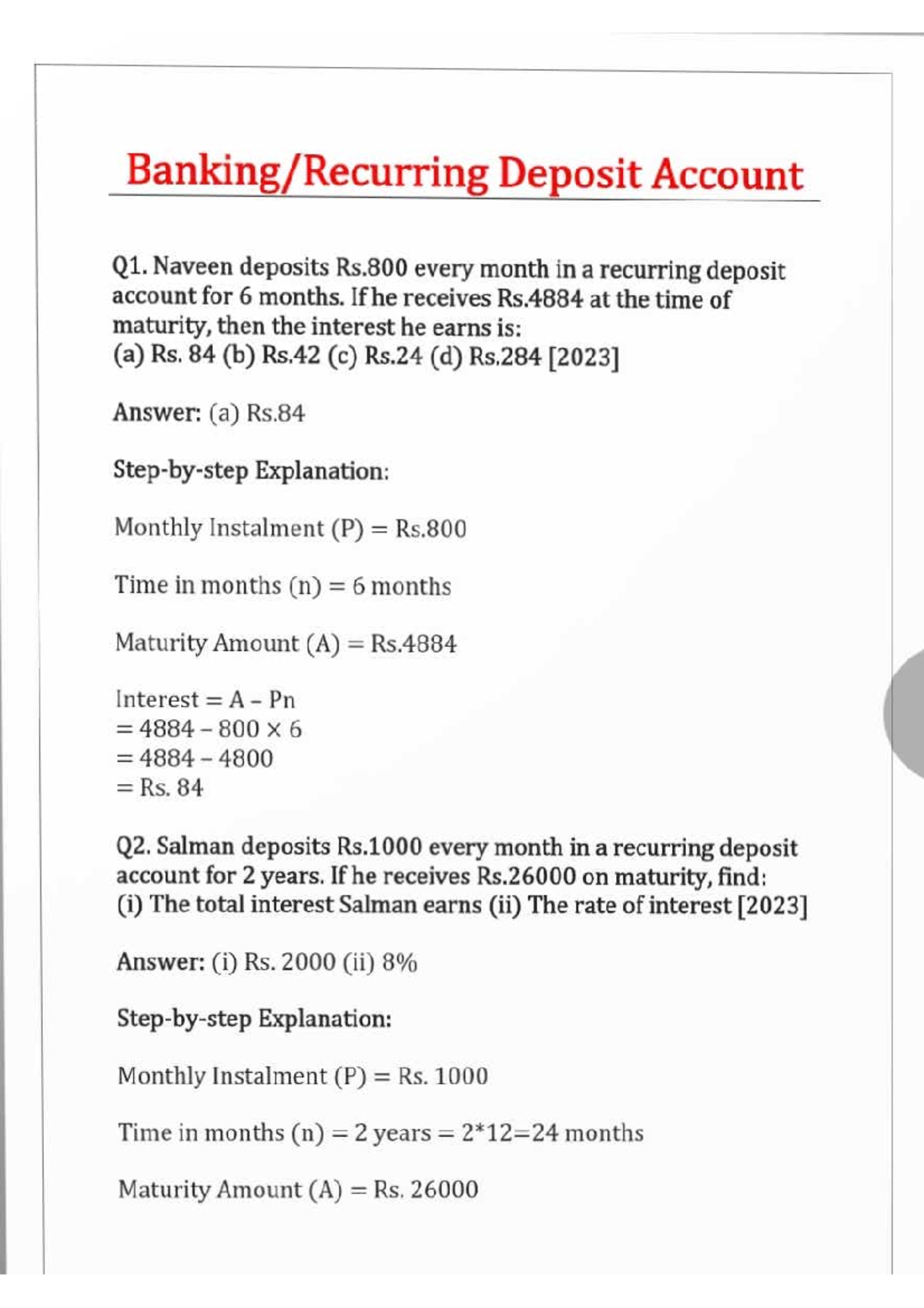 Banking - Class Notes: Recurring Deposit Calculations - Studocu