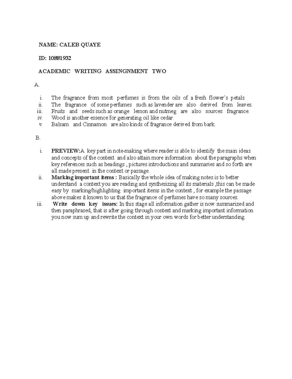 Aca writing - Assignment - NAME: CALEB QUAYE ID: 10881932 ACADEMIC ...