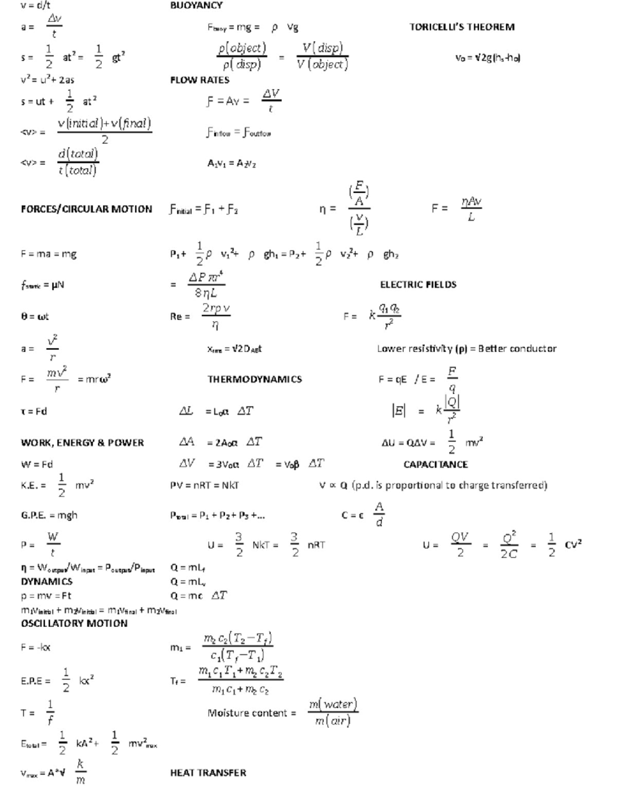P - PHSI cheat sheet - BUOYANCY THEOREM s 12 player FLOW RATES at F 4V ...