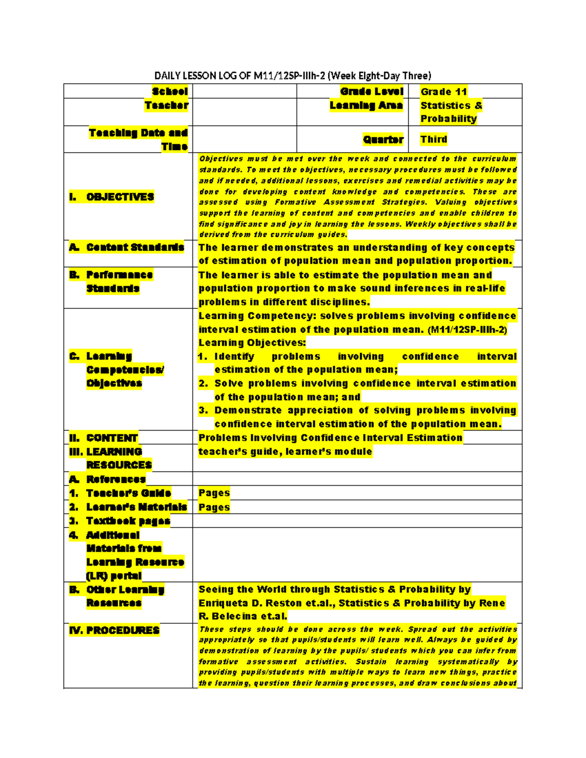 SP III-31 - Weekly Lesson Plan for Grade 11 Statistics Probability ...